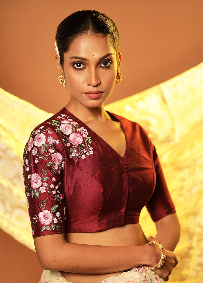 Maroon V Neck Designer Blouse Piece
