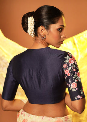 Navy Blue V Neck Designer Blouse Piece