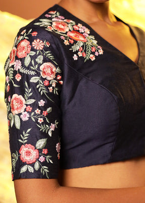 Navy Blue V Neck Designer Blouse Piece