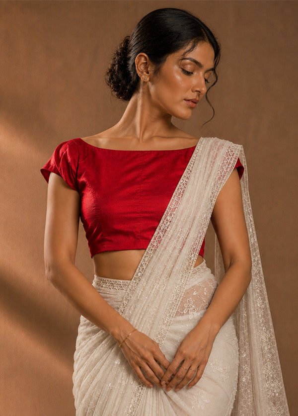 Red Boat Neck Designer Blouse
