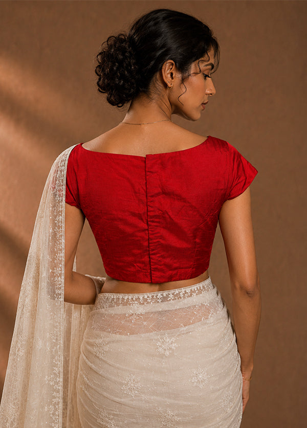 Red Boat Neck Designer Blouse