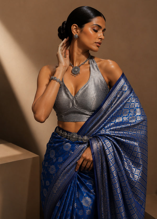 Grey Halter Neck Designer Blouse