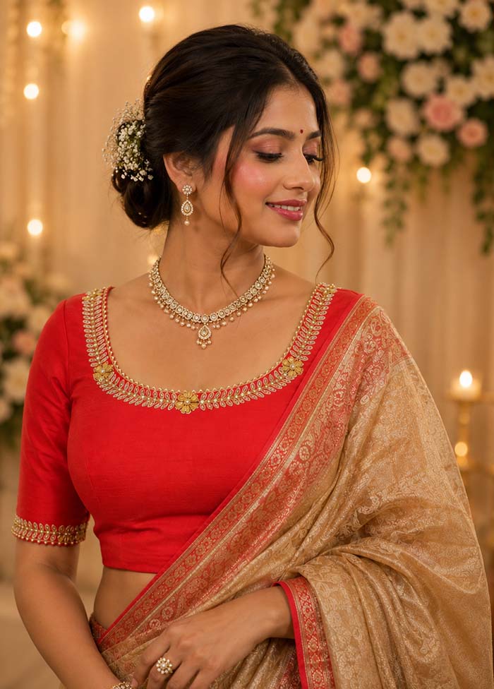 Red Round Neck Designer Blouse