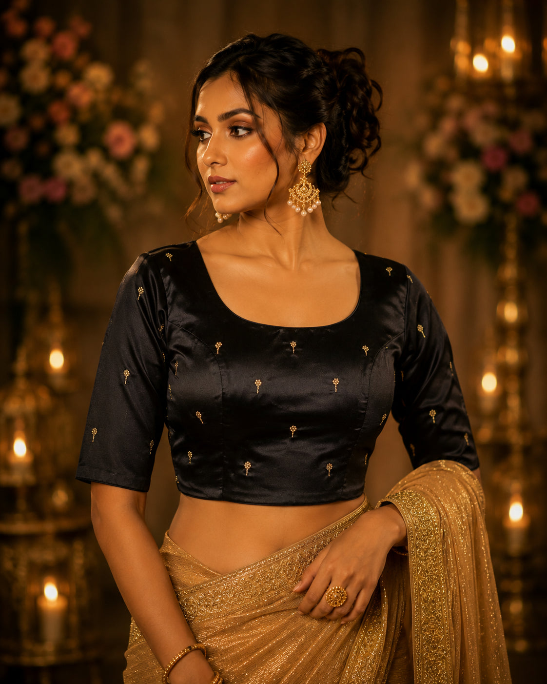 Black Round Neck Designer Blouse