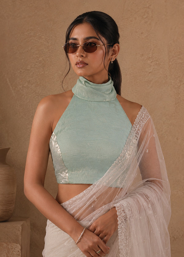 Light Blue Halter Neck Designer Blouse