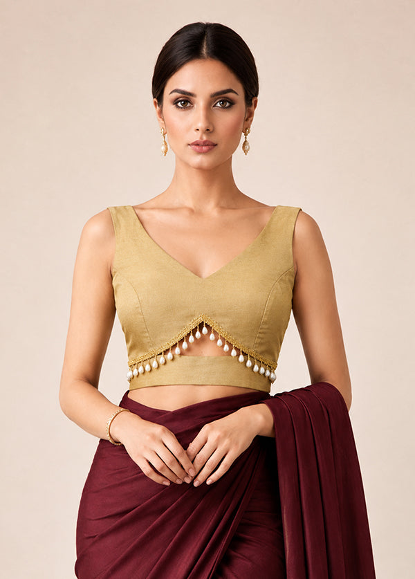 Gold V Neck Designer Blouse
