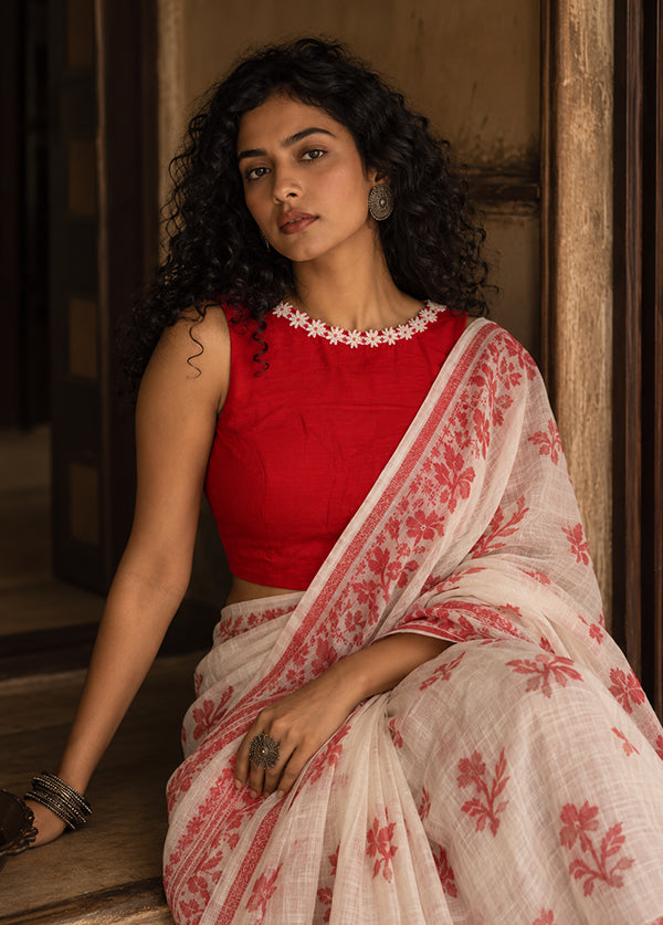 Red Boat Neck Designer Blouse