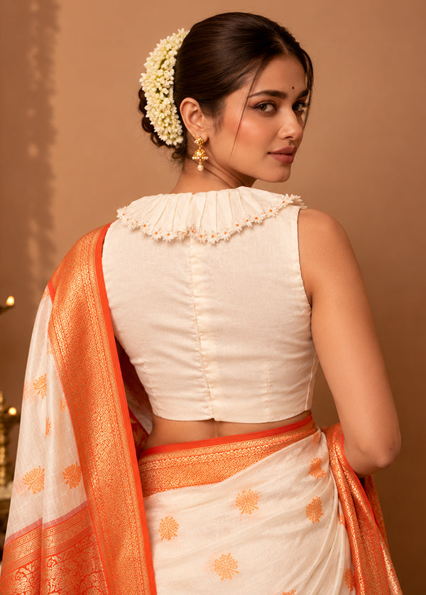 Cream Boat Neck Designer Blouse