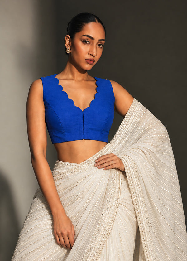 Royal Blue V Neck Designer Blouse