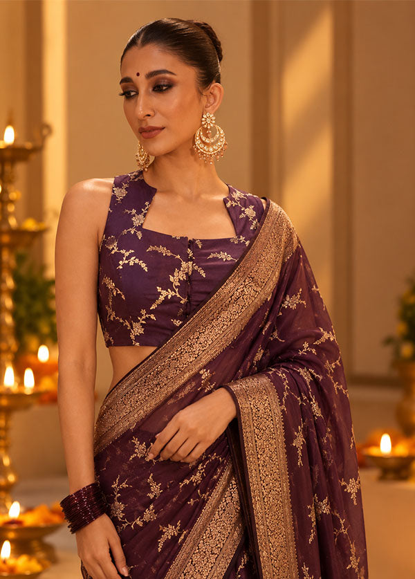 Purple Designer Neck Designer Blouse