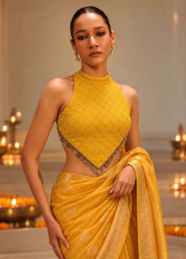 Yellow Halter Neck Designer Blouse