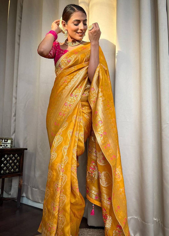 Yellow Spun Silk Saree With Blouse Piece