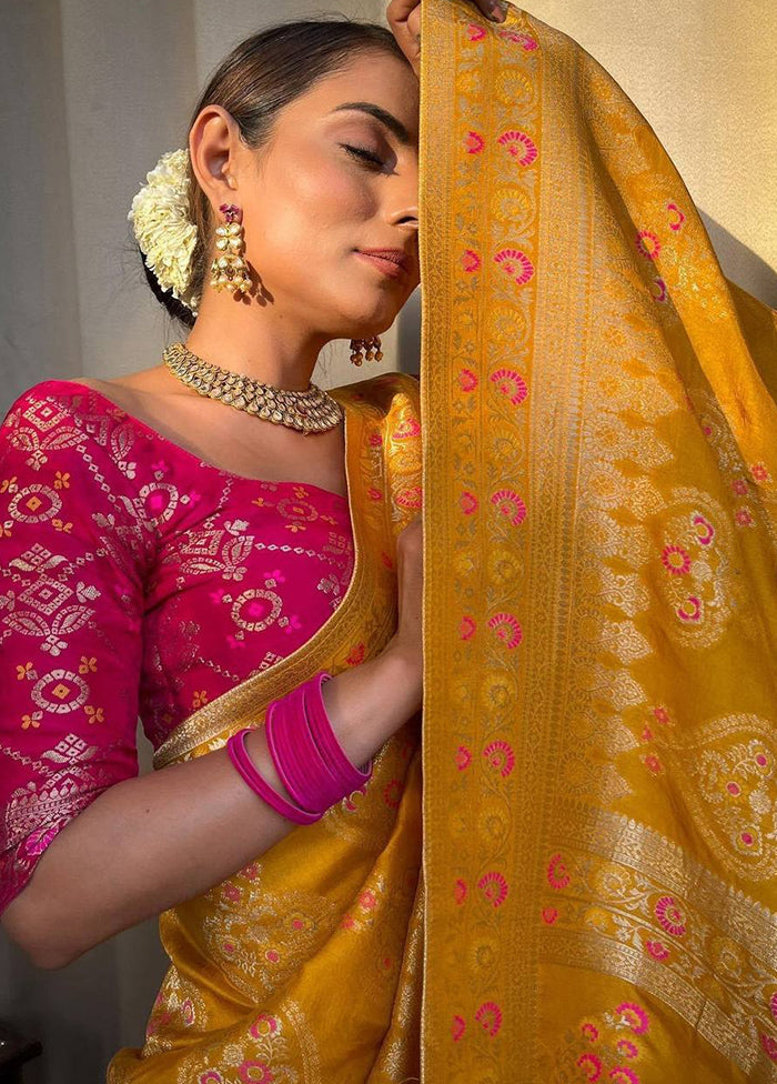 Yellow Spun Silk Saree With Blouse Piece