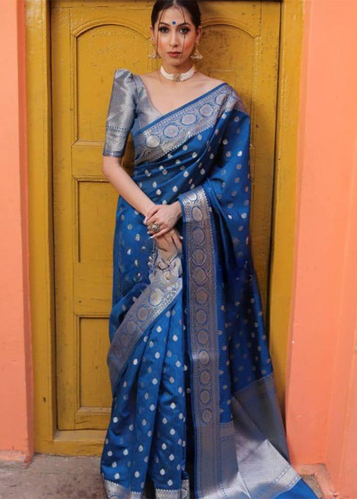 Blue Spun Silk Saree With Blouse Piece