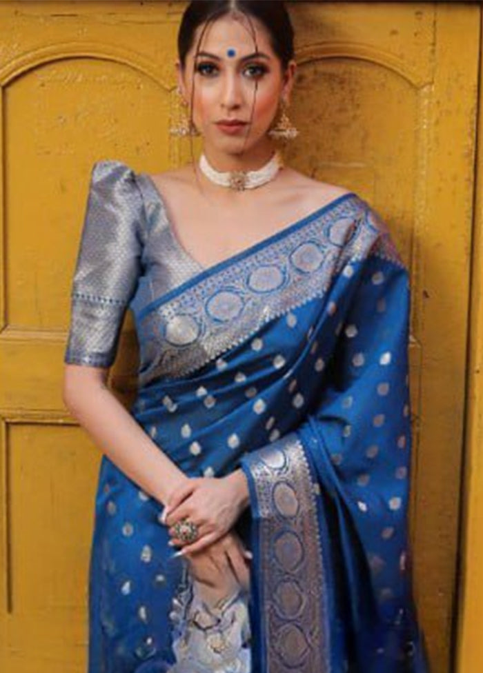 Blue Spun Silk Saree With Blouse Piece