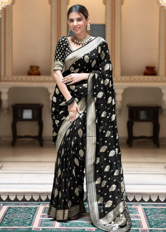 Black Spun Silk Saree With Blouse Piece
