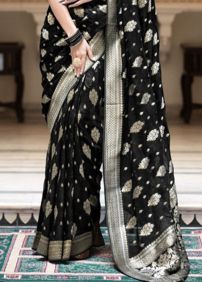 Black Spun Silk Saree With Blouse Piece