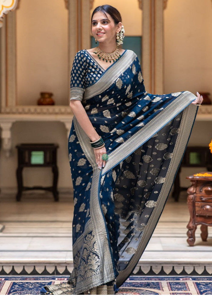 Blue Spun Silk Saree With Blouse Piece