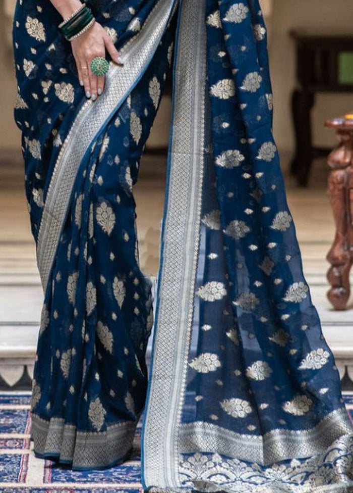 Blue Spun Silk Saree With Blouse Piece