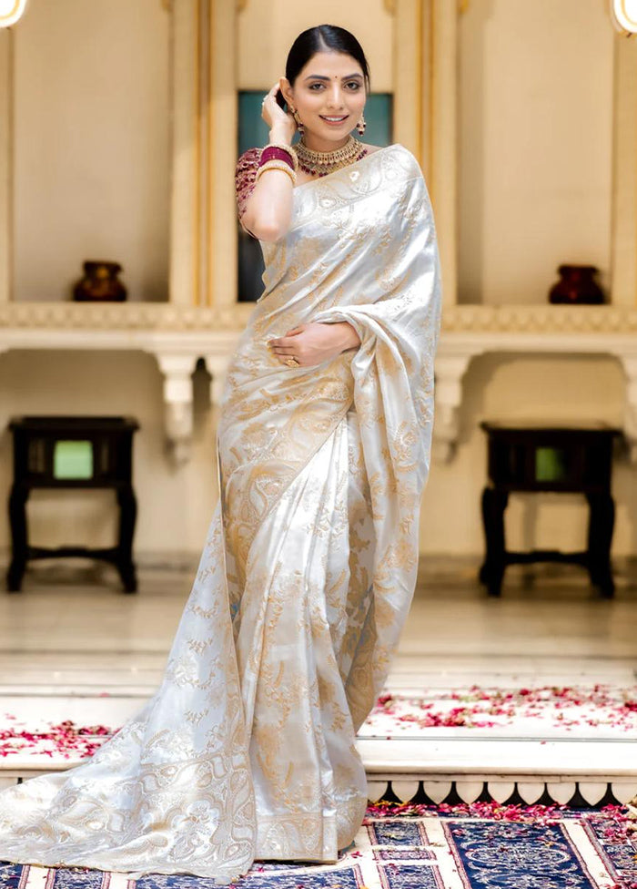 White Spun Silk Saree With Blouse Piece