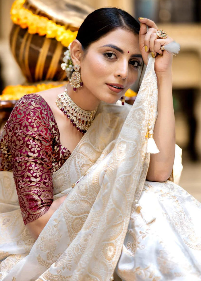 White Spun Silk Saree With Blouse Piece