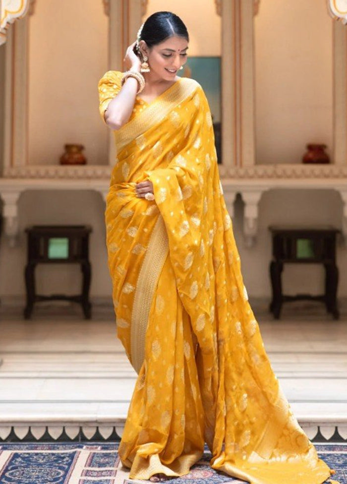 Yellow Spun Silk Saree With Blouse Piece