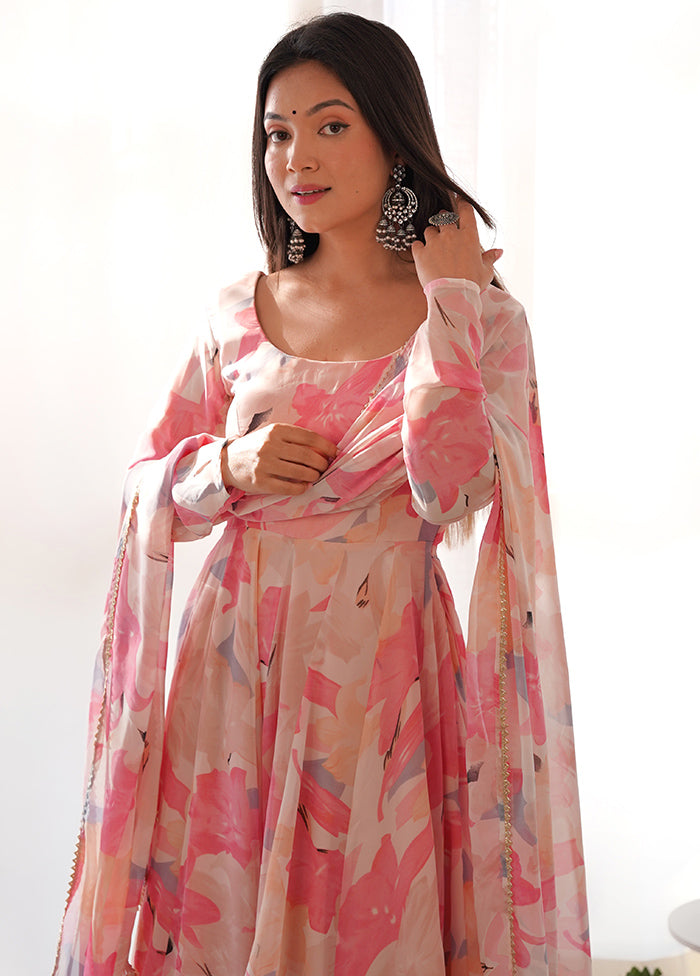 3 Pc Peach Readymade Georgette Suit Set - Indian Silk House Agencies