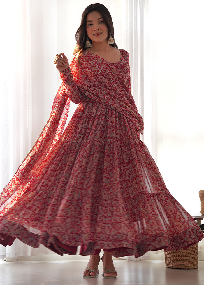 3 Pc Maroon Pure Readymade Georgette Suit Set - Indian Silk House Agencies