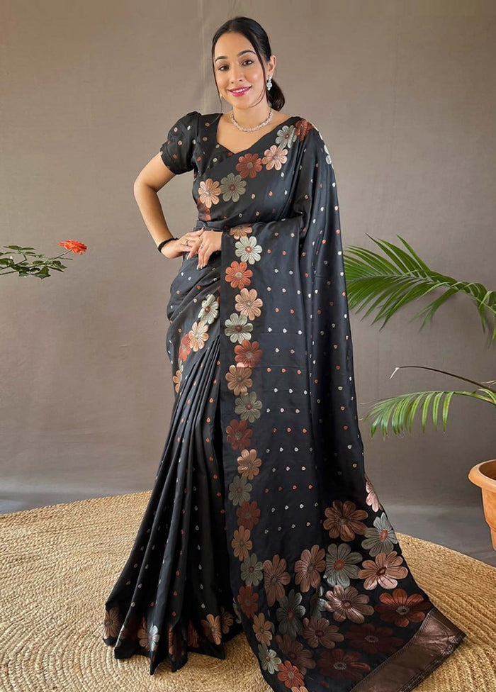 Black Spun Silk Saree With Blouse Piece
