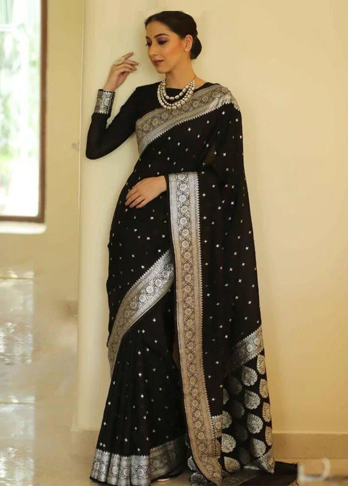 Black Spun Silk Saree With Blouse Piece