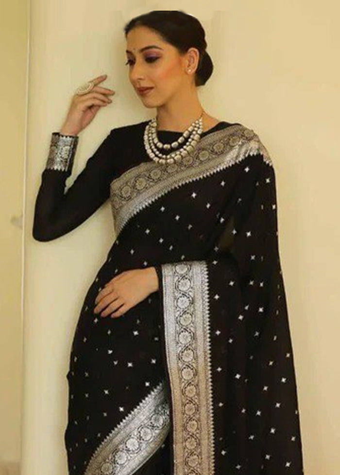 Black Spun Silk Saree With Blouse Piece