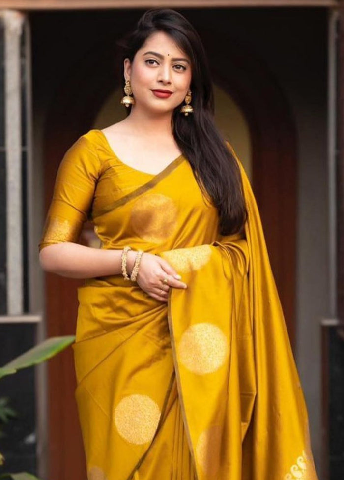 Yellow Spun Silk Saree With Blouse Piece