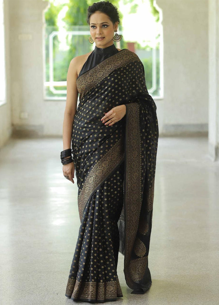 Black Spun Silk Saree With Blouse Piece