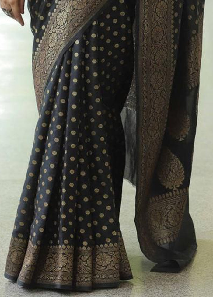 Black Spun Silk Saree With Blouse Piece
