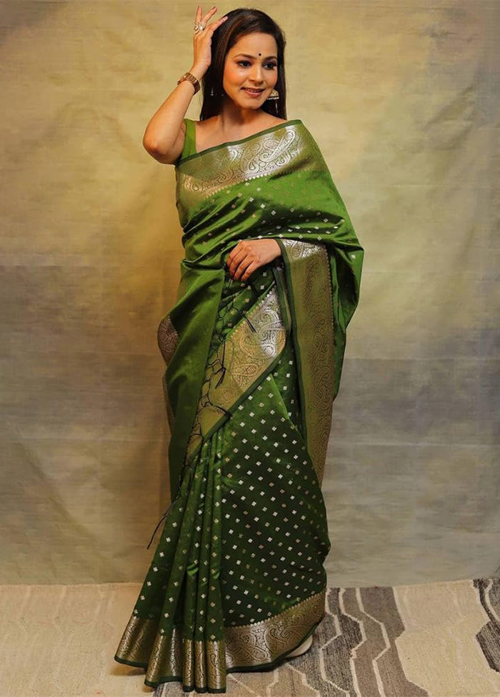 Mehendi Spun Silk Saree With Blouse Piece