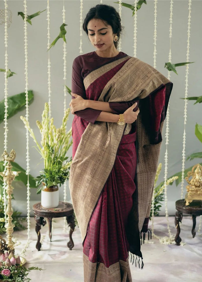 Wine Spun Silk Saree With Blouse Piece