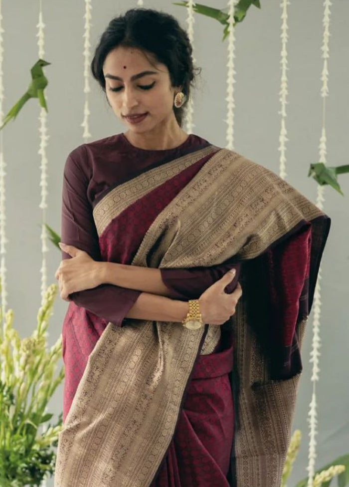 Wine Spun Silk Saree With Blouse Piece