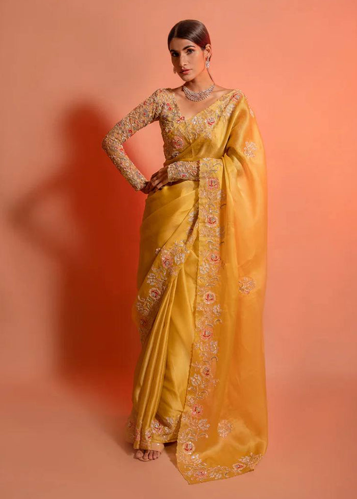 Yellow Spun Silk Saree With Blouse Piece