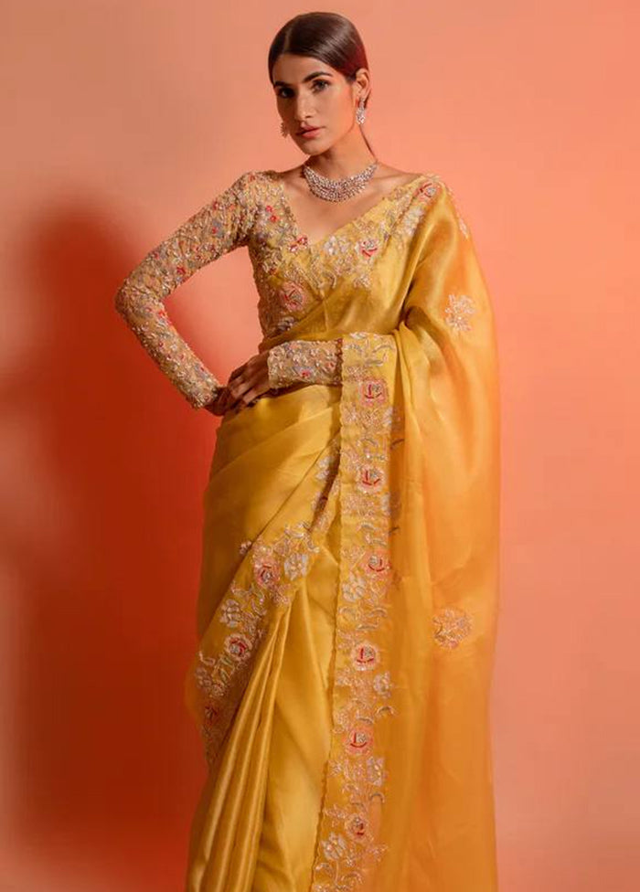 Yellow Spun Silk Saree With Blouse Piece