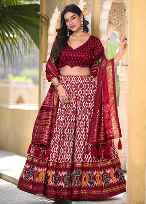 3 Pc Red Silk Semi Stitched Lehenga Set