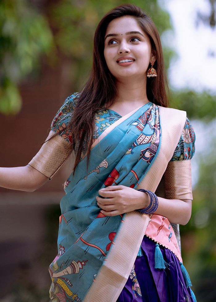 3 Pc Blue Silk Semi Stitched Lehenga Set