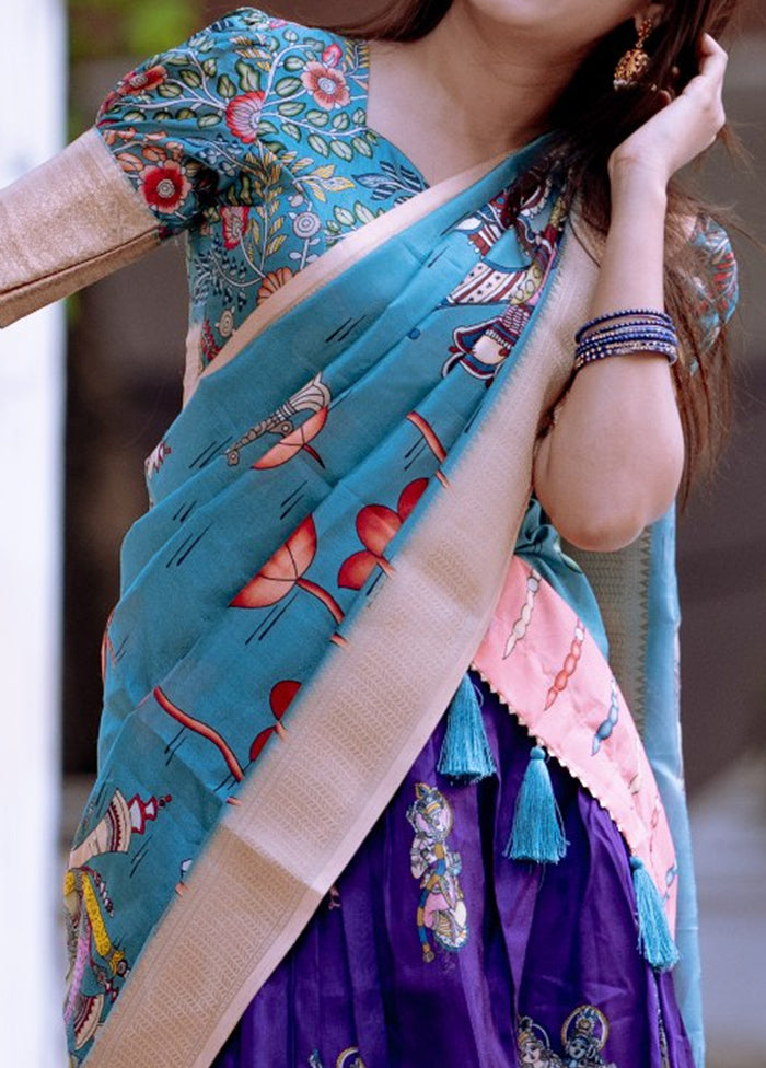 3 Pc Blue Silk Semi Stitched Lehenga Set