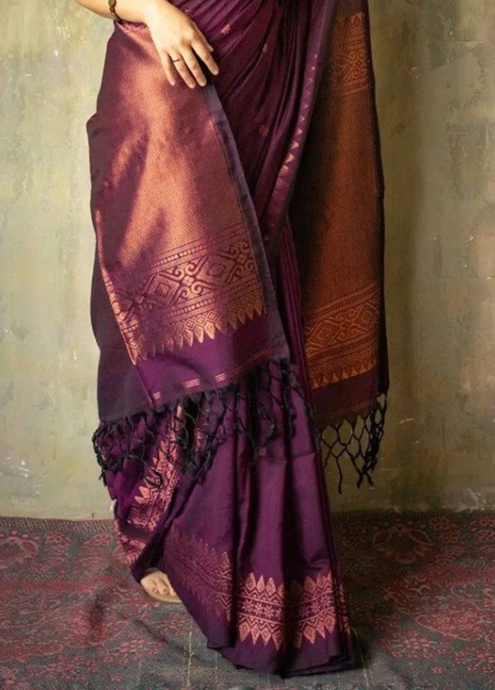 Wine Spun Silk Saree With Blouse Piece