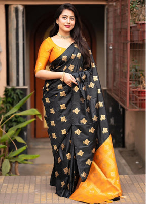 Black Spun Silk Saree With Blouse Piece