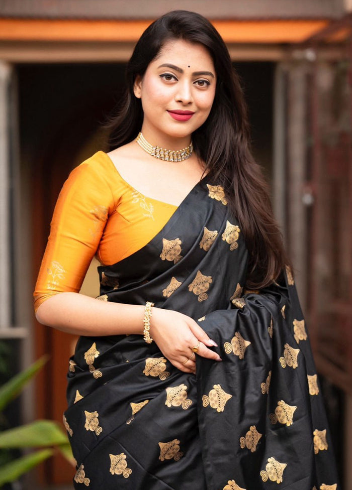 Black Spun Silk Saree With Blouse Piece
