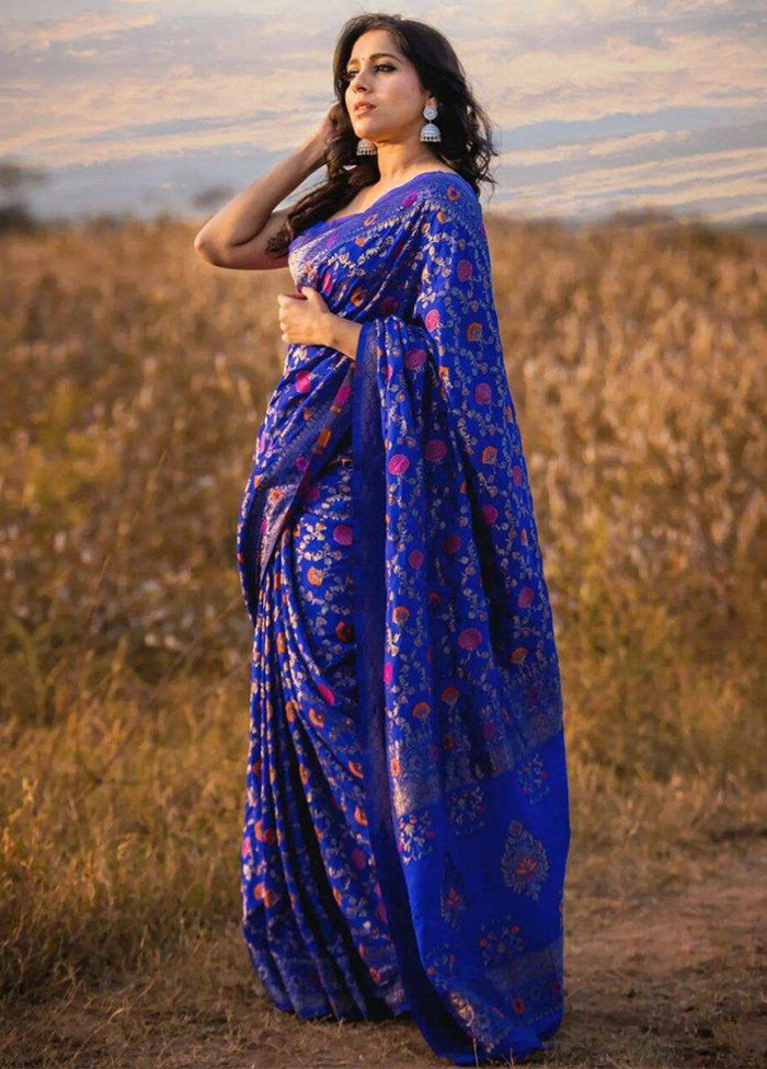 Blue Spun Silk Saree With Blouse Piece