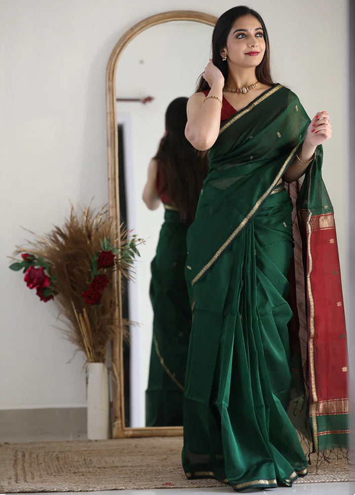 Green Spun Silk Saree With Blouse Piece