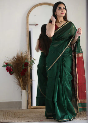 Green Spun Silk Saree With Blouse Piece