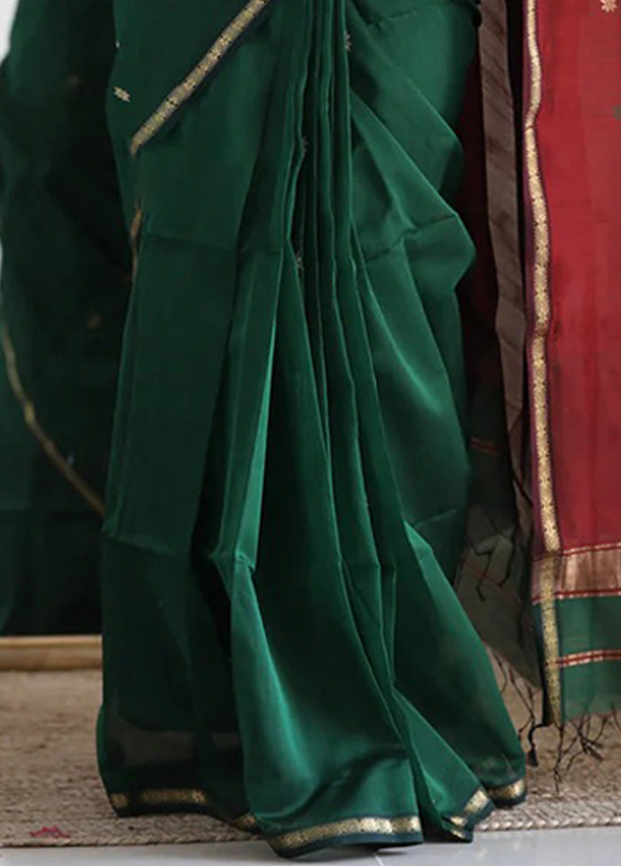 Green Spun Silk Saree With Blouse Piece