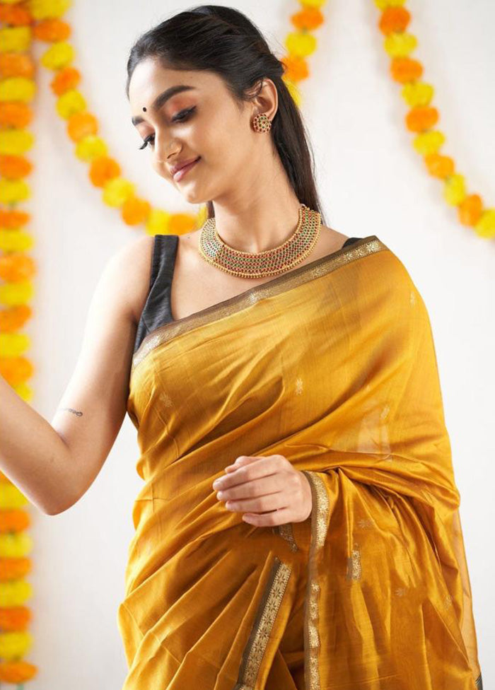 Yellow Spun Silk Saree With Blouse Piece